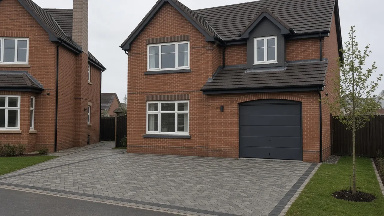Herringbone block paved double driveway with a charcoal border on a new-build detached house