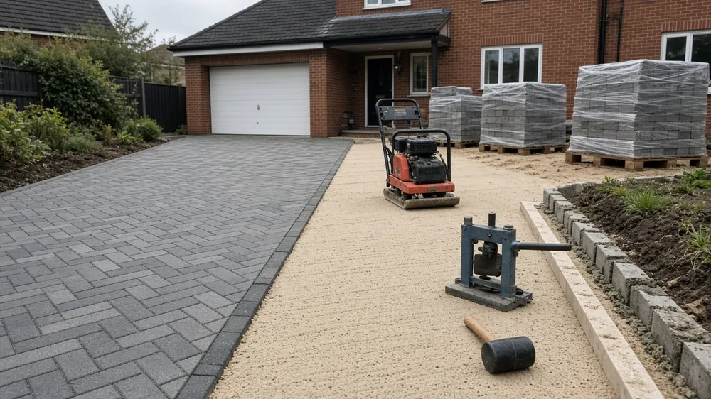 Block paving being laid onto screeded sand with pallets of blocks and a plate compactor