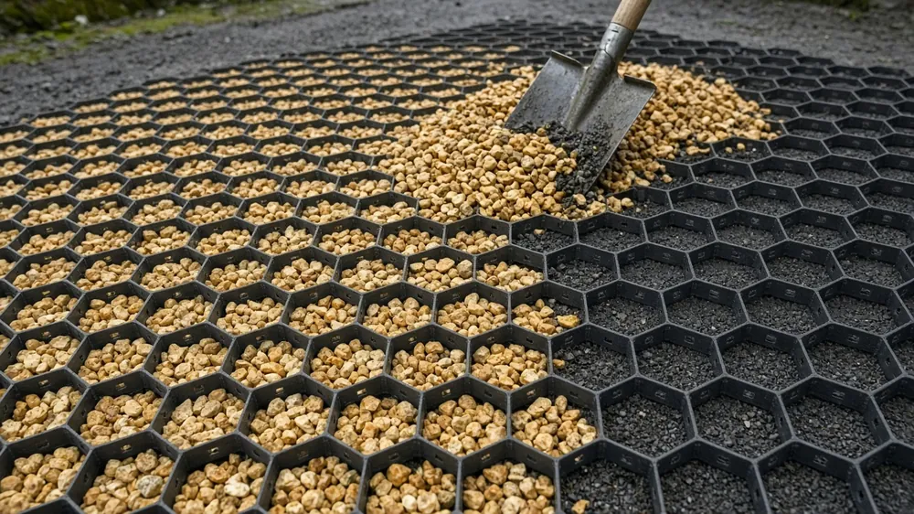 Gravel grid panels part-filled with golden gravel over a membrane
