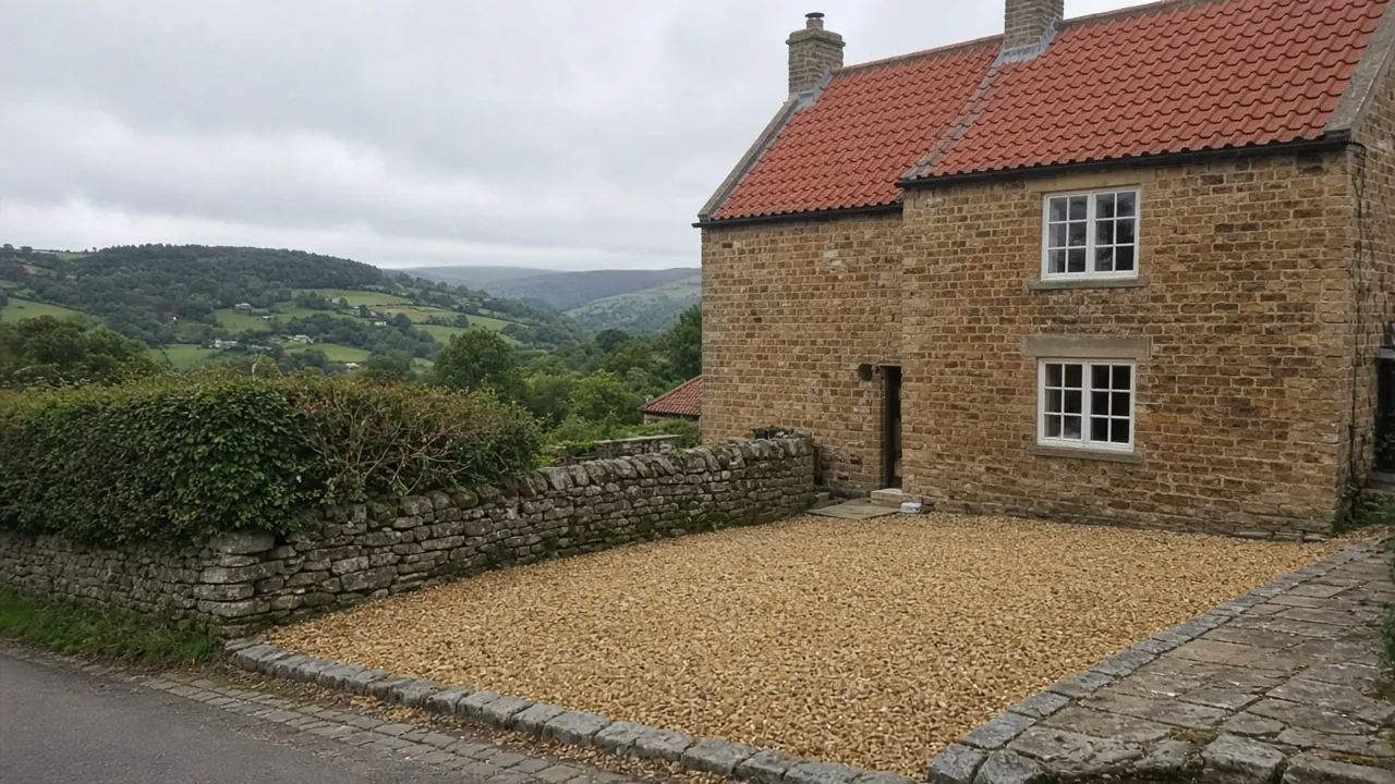 Golden gravel driveway with a granite sett edge and a solid apron in front of a stone house
