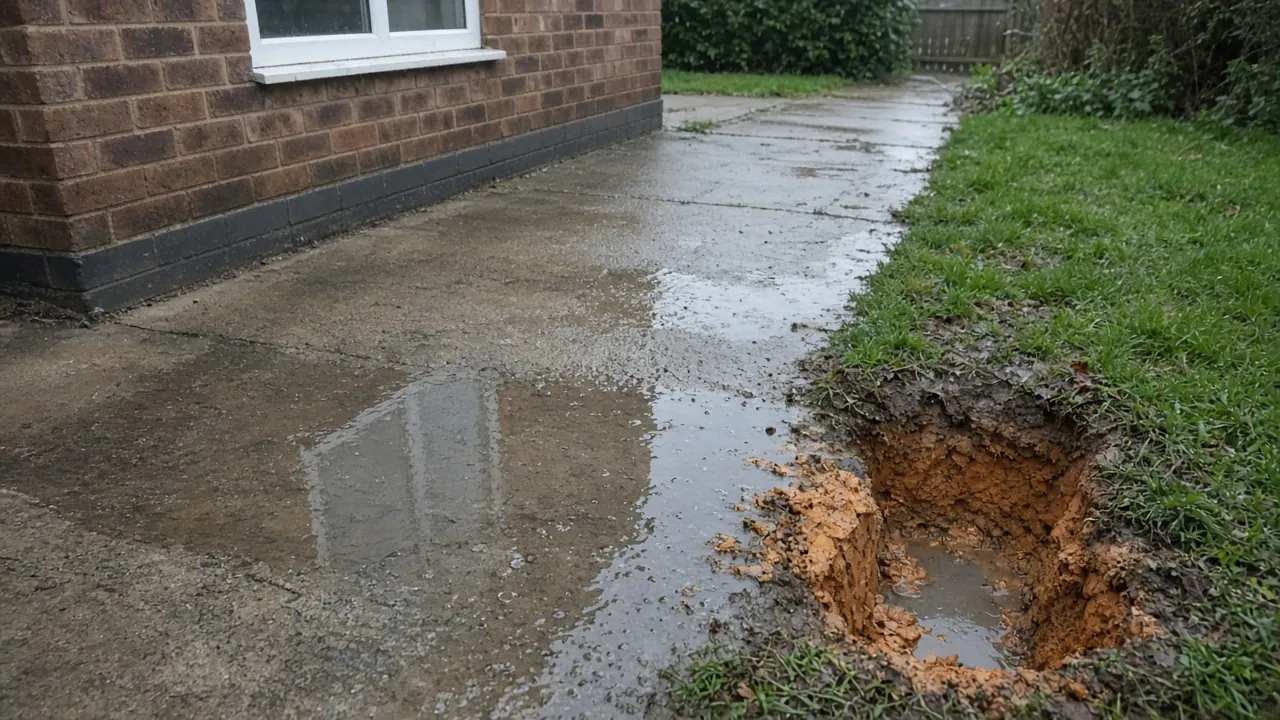 Water pooling on a concrete drive with a trial hole showing clay soil