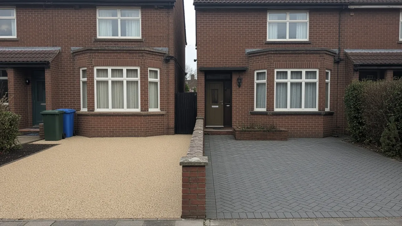 Neighbouring semis, one with a resin-bound drive and one with block paving