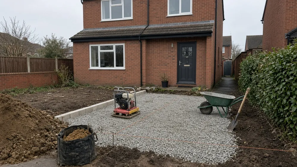 Driveway build at sub-base stage with compacted crushed stone, edging kerbs and a plate compactor