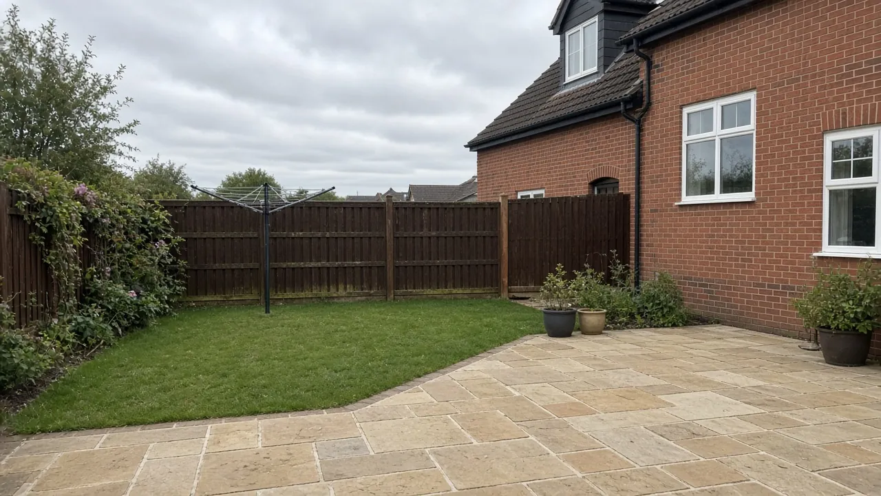 Buff sandstone patio in the back garden of a brick semi