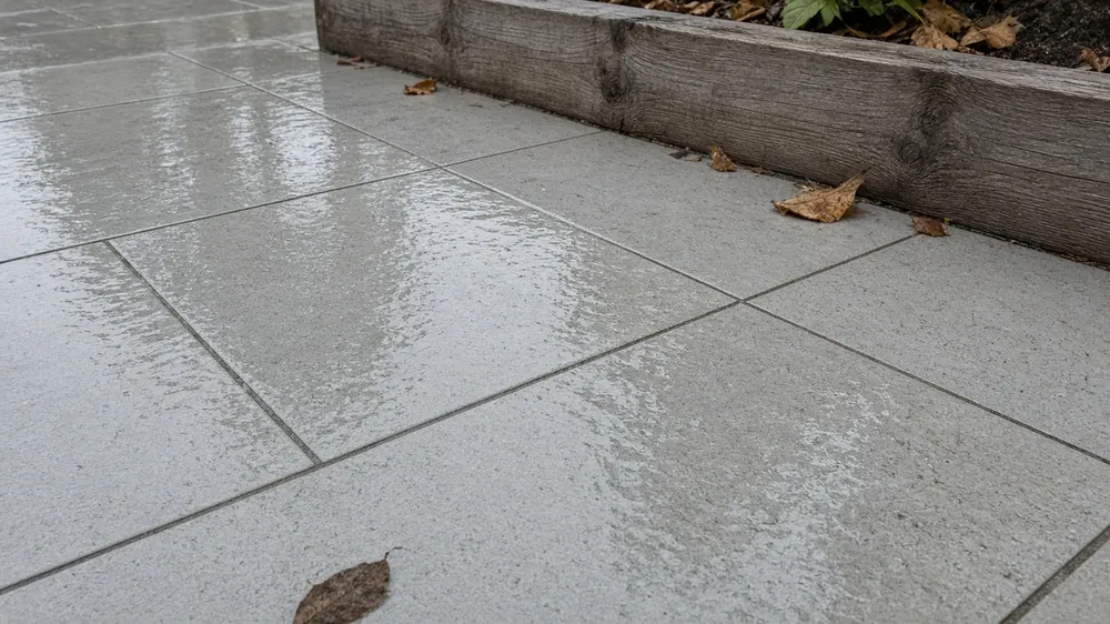 Light grey porcelain patio paving with narrow joints after rain