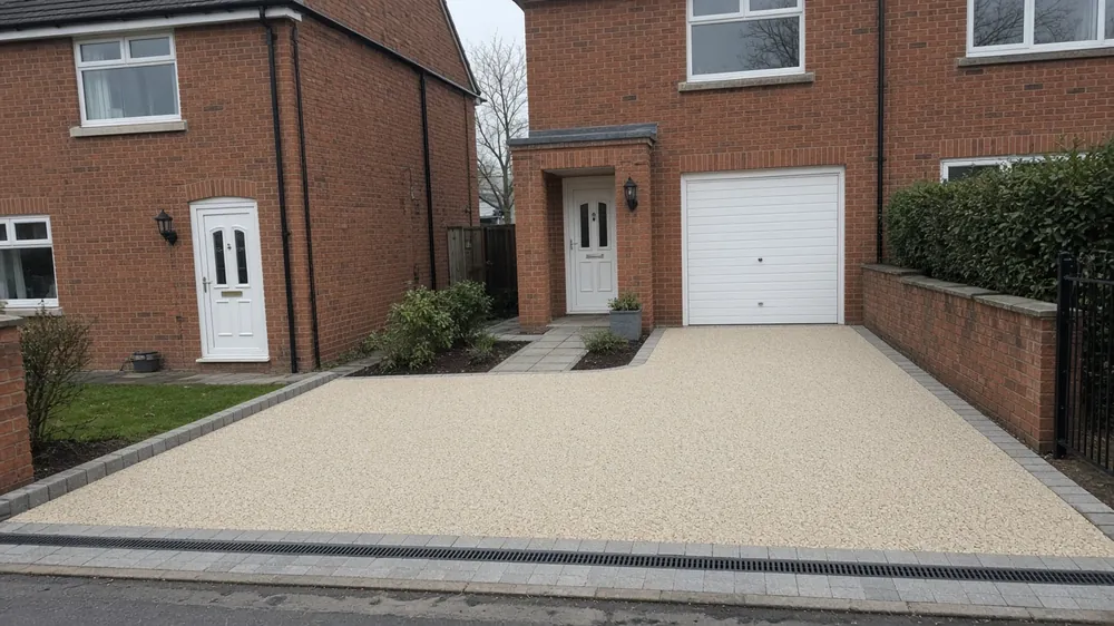 Resin-bound driveway with a block border and a slot drain at the entrance