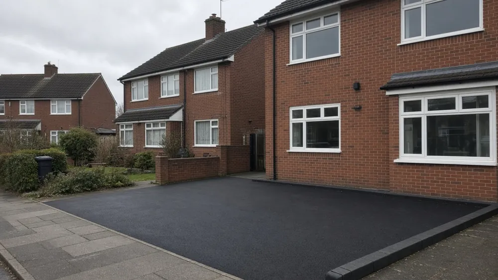 Smooth black tarmac driveway with block edging beside a 1960s semi