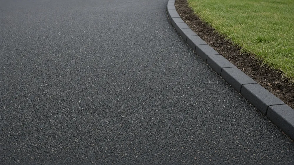 Close-up of a freshly rolled tarmac surface meeting a concrete edging kerb
