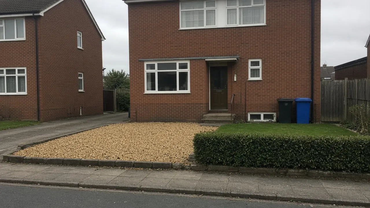 Ex-council semi in Hemlington with a gravel parking bay and a solid strip at the pavement edge