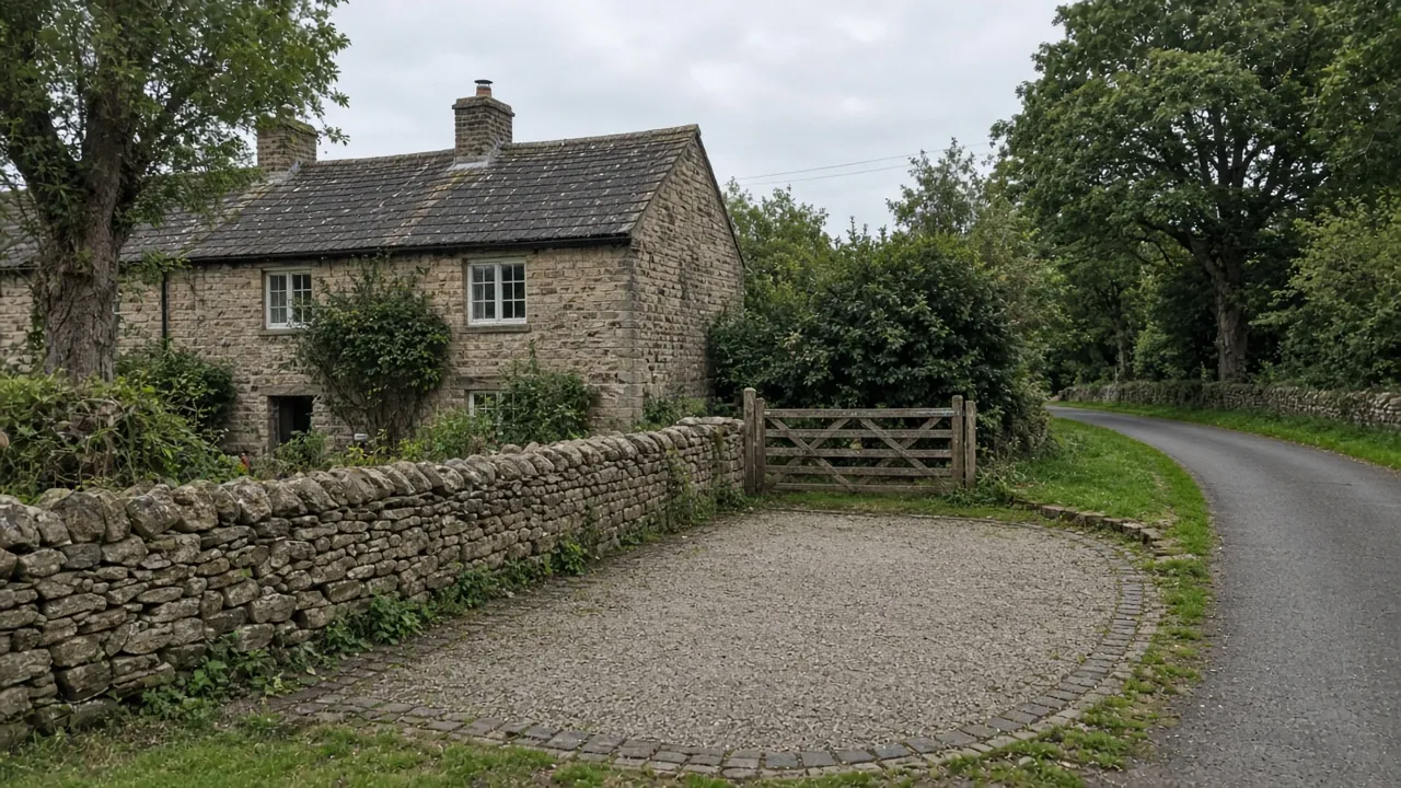 Stone cottage in Stainton village with a gravel bay behind a low stone wall